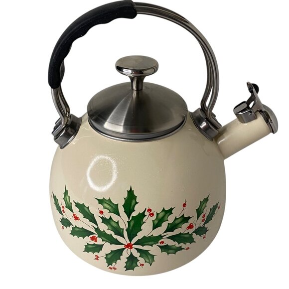 Lenox Holiday Holly Tea Whistling Kettle 2.5 Qt Cream Enamel Christmas Decor - Picture 3 of 7
